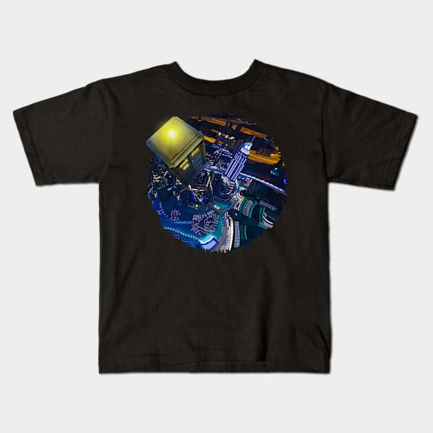 Tardis doctor who flying above modern starry night city Kids T-Shirt by Dezigner007